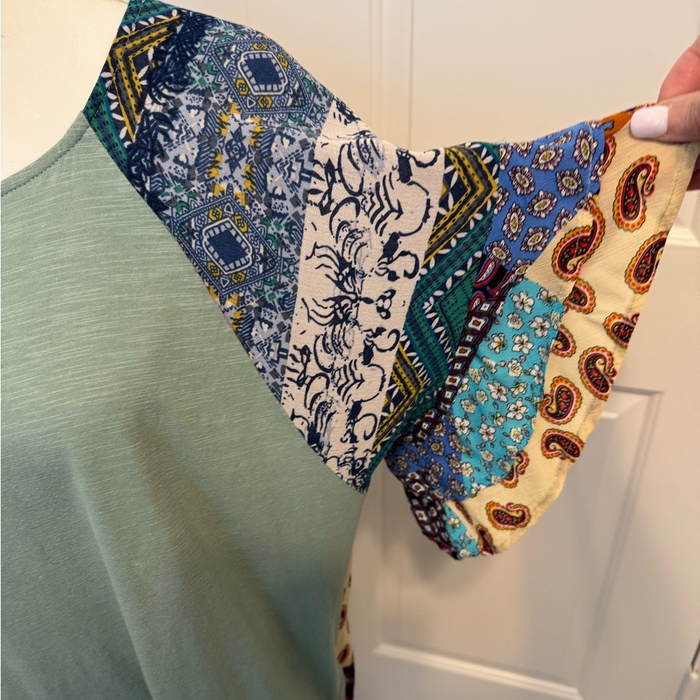 Umgee Green Tunic With Multicolor Patchwork Sleev… - image 3